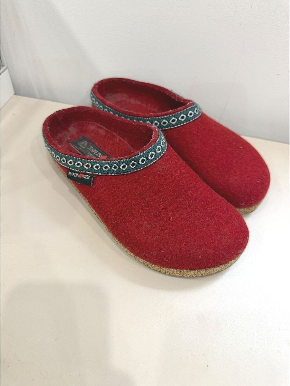 Haflinger Red Wool Slip-On Slippers with Cork Sole Size 37